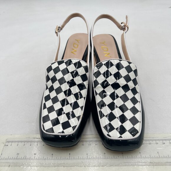 YDN Black And White Checkered Square Toe Block Low Heels Slingback Formal Loafer - Picture 3 of 8